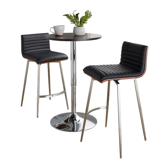Mason - Swivel Counter Height Dining Set With Adjustable Table - Chrome Metal, Brown Wood Tabletop, Stainless Steel And Black Faux Leather (Set of 3)