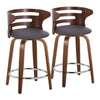 Cosini - 24" Fixed-Height Counter Stool With Swivel And Round Chrome Metal Footrest (Set of 2) - Walnut Wood And Brown Faux Leather