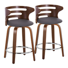  Cosini - 24" Fixed-Height Counter Stool With Swivel And Round Chrome Metal Footrest (Set of 2) - Walnut Wood And Brown Faux Leather