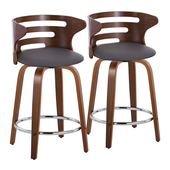 Cosini - 24" Fixed-Height Counter Stool With Swivel And Round Chrome Metal Footrest (Set of 2) - Walnut Wood And Brown Faux Leather