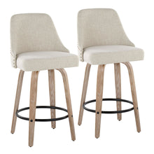  Marcel - 27" Fixed-Height Counter Stool With Swivel And Round Black Metal Footrest (Set of 2) - Whitewashed Wood And Cream Fabric With Brass Nailhead Trim
