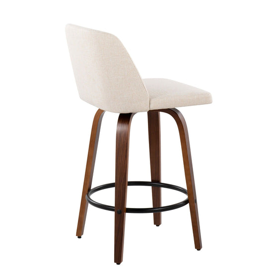 Toriano - Fixed - Height Counter Stool - Walnut Wood With Round Black Footrest And Cream Noise Fabric (Set of 2)