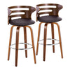 Cosini - 30" Fixed-Height Barstool With Swivel And Round Chrome Metal Footrest (Set of 2) - Walnut Wood And Brown Faux Leather