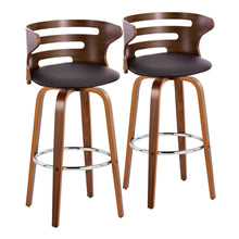  Cosini - 30" Fixed-Height Barstool With Swivel And Round Chrome Metal Footrest (Set of 2) - Walnut Wood And Brown Faux Leather