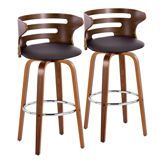 Cosini - 30" Fixed-Height Barstool With Swivel And Round Chrome Metal Footrest (Set of 2) - Walnut Wood And Brown Faux Leather