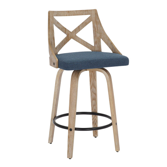 Charlotte - Farmhouse Counter Stool - White Washed Wood And Blue Fabric (Set of 2)
