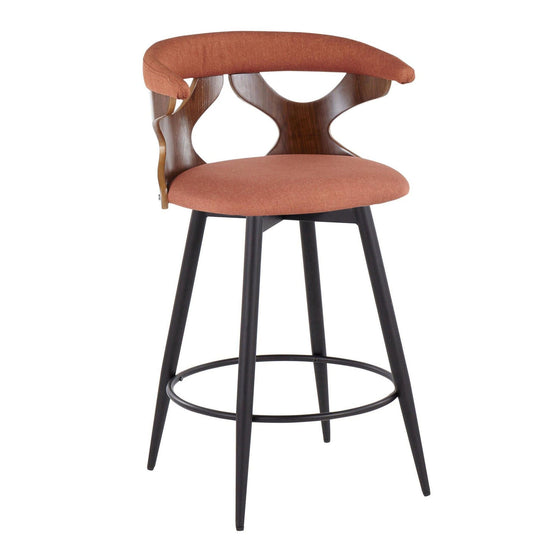 Gardenia - 25" Fixed-Height Counter Stool With Swivel And Rounded Black Metal Footrest (Set of 2) - Black Metal, Walnut Wood