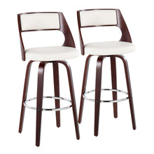  Cecina - 30" Fixed-Height Barstool With Swivel And Round Chrome Metal Footrest (Set of 2) - Cherry Wood And White Faux Leather