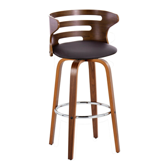 Cosini - 30" Fixed-Height Barstool With Swivel And Round Chrome Metal Footrest (Set of 2) - Walnut Wood And Brown Faux Leather