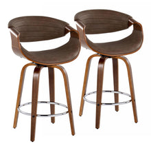  Symphony - 26" Fixed-Height Barstool With Swivel - Walnut Wood And Espresso Faux Leather With Round Chrome Metal Footrest (Set of 2)