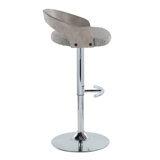 Grotto - Adjustable Barstool With Swivel And Rounded T Footrest (Set of 2) - Chrome Metal, Light Gray Wood, And Light Gray Fabric