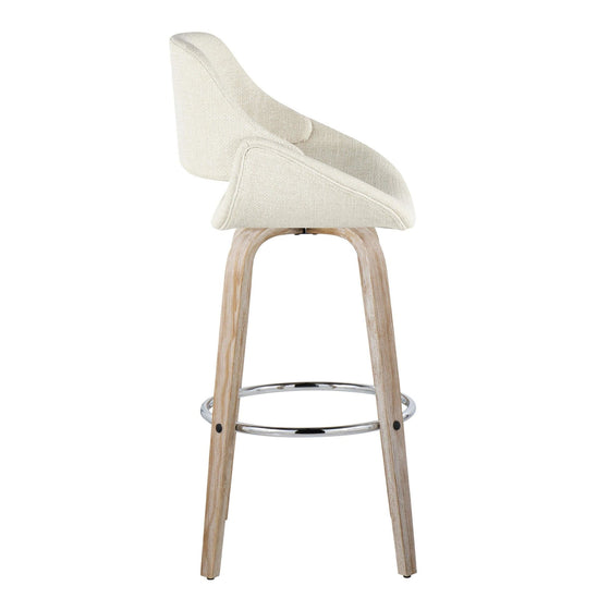 Fabrico - 30" Fixed-Height Barstool With Swivel And Round Chrome Metal Footrest (Set of 2) - White Washed Wood And Cream Noise Fabric