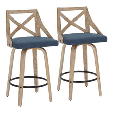  Charlotte - Farmhouse Counter Stool - White Washed Wood And Blue Fabric (Set of 2)