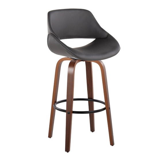 Fabrico - 30" Fixed-Height Counter Stool With Swivel And Round Black Metal Footrest (Set of 2) - Walnut Wood And Gray Faux Leather