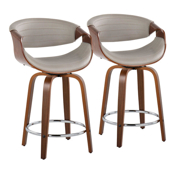 Symphony - 24" Fixed-Height Counter Stool With Swivel And Round Chrome Metal Footrest (Set of 2) - Walnut Wood
