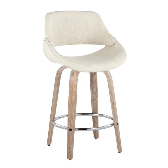 Fabrico - 26" Fixed-Height Counter Stool With Swivel And Round Chrome Metal Footrest (Set of 2) - White Washed Wood And Cream Noise Fabric