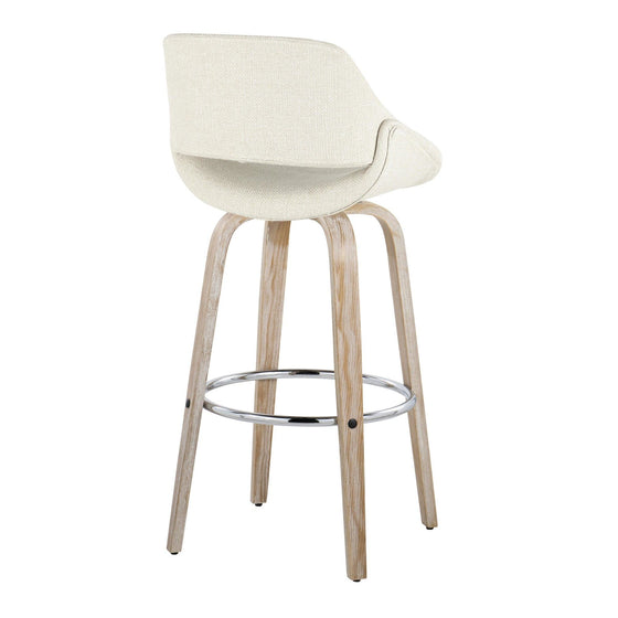 Fabrico - 30" Fixed-Height Barstool With Swivel And Round Chrome Metal Footrest (Set of 2) - White Washed Wood And Cream Noise Fabric