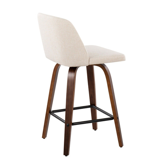 Toriano - Fixed - Height Counter Stool - Walnut Wood With Square Black Footrest And Cream Noise Fabric (Set of 2)
