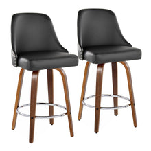  Marcel - 27" Fixed-Height Counter Stool With Swivel And Round Chrome Metal Footrest (Set of 2) - Walnut Wood And Black Faux Leather With Chrome Nailhead Trim
