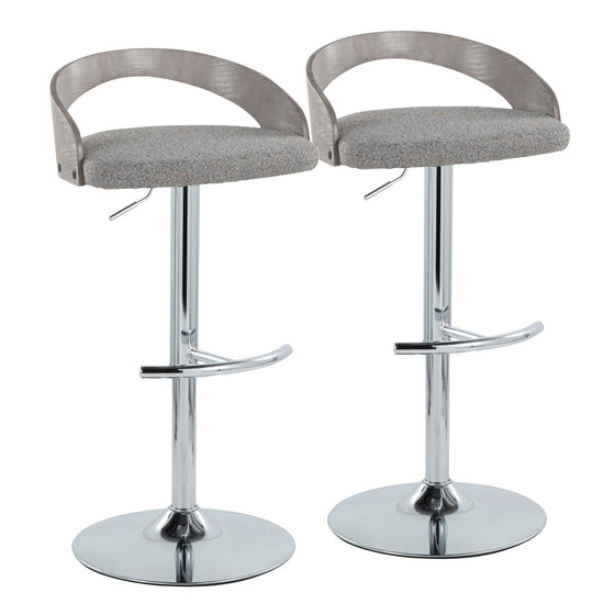 Grotto - Adjustable Barstool With Swivel And Rounded T Footrest (Set of 2) - Chrome Metal, Light Gray Wood, And Light Gray Fabric