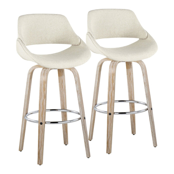Fabrico - 30" Fixed-Height Barstool With Swivel And Round Chrome Metal Footrest (Set of 2) - White Washed Wood And Cream Noise Fabric