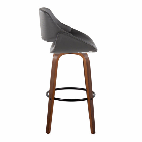 Fabrico - 30" Fixed-Height Counter Stool With Swivel And Round Black Metal Footrest (Set of 2) - Walnut Wood And Gray Faux Leather