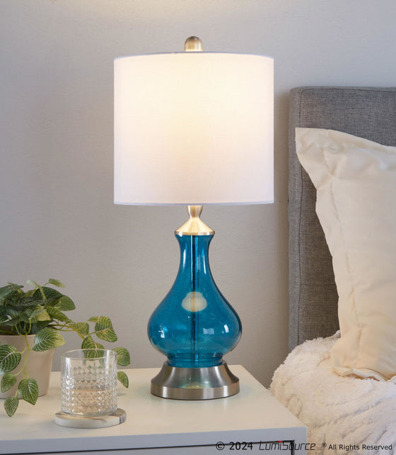 Jasmine - 22" Glass Accent Lamp - Clear Sapphire Blue Seeded Glass, Brushed Nickel And White Linen Shade from Grandview Gallery (Set of 2)