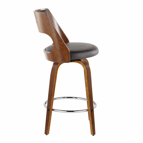 Cecina - 26" Fixed-Height Counter Stool With Swivel And Round Chrome Metal Footrest (Set of 2) - Walnut Wood