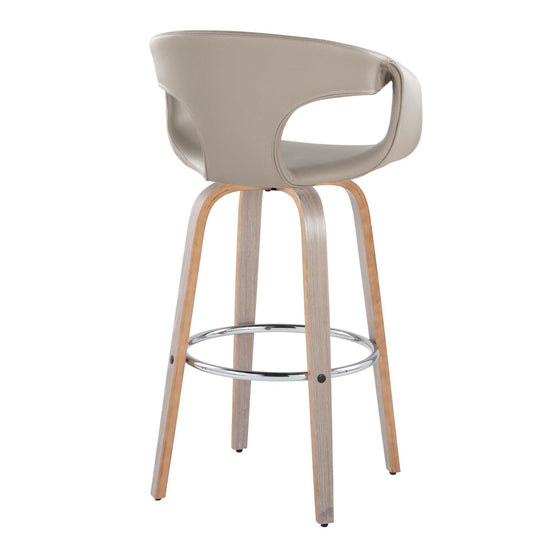 Curva - 30" Fixed-Height Barstool With Swivel And Round Chrome Metal Footrest (Set of 2) - Light Gray Wood And Light Gray Faux Leather