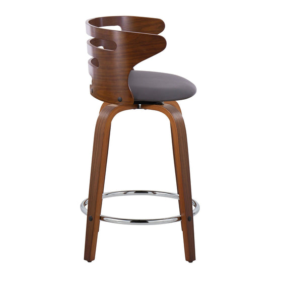 Cosini - 24" Fixed-Height Counter Stool With Swivel And Round Chrome Metal Footrest (Set of 2) - Walnut Wood And Brown Faux Leather