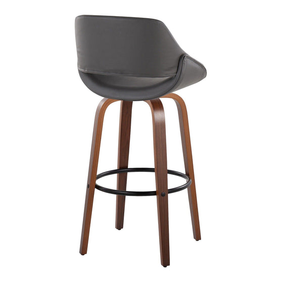 Fabrico - 30" Fixed-Height Counter Stool With Swivel And Round Black Metal Footrest (Set of 2) - Walnut Wood And Gray Faux Leather