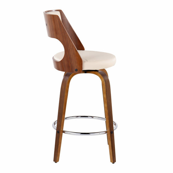 Cecina - 26" Fixed-Height Counter Stool With Swivel And Round Chrome Metal Footrest (Set of 2) - Walnut Wood