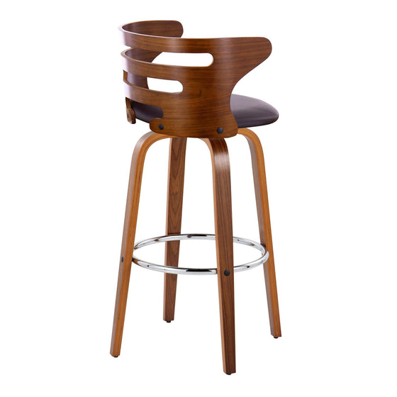 Cosini - 30" Fixed-Height Barstool With Swivel And Round Chrome Metal Footrest (Set of 2) - Walnut Wood And Brown Faux Leather