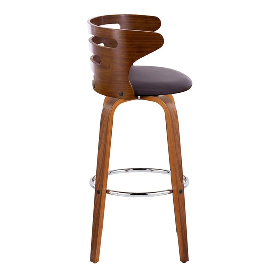 Cosini - 30" Fixed-Height Barstool With Swivel And Round Chrome Metal Footrest (Set of 2) - Walnut Wood And Brown Faux Leather