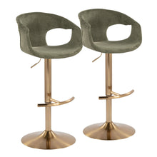  Curva - Adjustable Barstool With Rounded T Footrest (Set of 2) - Gold Metal And Green Fabric