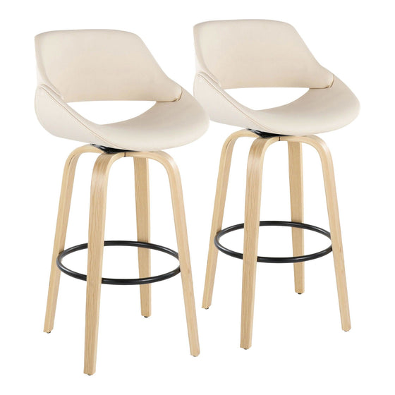 Fabrico - 30" Fixed-Height Barstool With Swivel And Round Black Metal Footrest (Set of 2) - Natural Wood