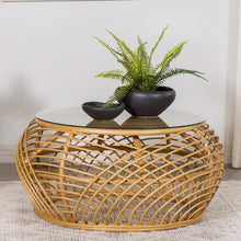  Dahlia Round Glass Top Woven Rattan Coffee Table Natural Brown