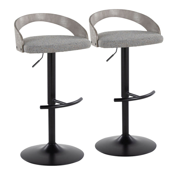 Grotto - Adjustable Barstool With Swivel And Rounded T Footrest (Set of 2) - Black Metal, Light Gray Wood, And Light Gray Fabric