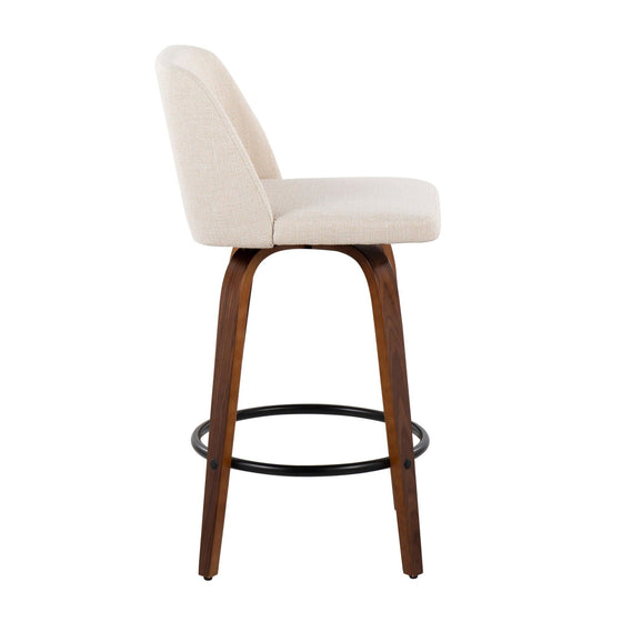 Toriano - Fixed - Height Counter Stool - Walnut Wood With Round Black Footrest And Cream Noise Fabric (Set of 2)