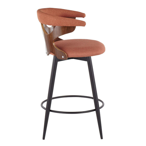 Gardenia - 25" Fixed-Height Counter Stool With Swivel And Rounded Black Metal Footrest (Set of 2) - Black Metal, Walnut Wood