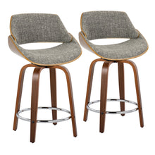  Fabrizzi - 24" Fixed-Height Counter Stool With Swivel And Round Chrome Metal Footrest (Set of 2) - Walnut Wood And Gray Noise Fabric