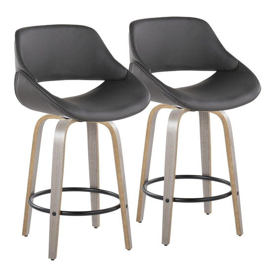 Fabrico - 26" Fixed-Height Counter Stool With Swivel And Round Black Metal Footrest (Set of 2) - Light Gray Wood