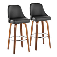  Marcel - 30" Fixed-Height Barstool With Swivel And Round Chrome Metal Footrest (Set of 2) - Walnut Wood And Black Faux Leather With Chrome Nailhead Trim