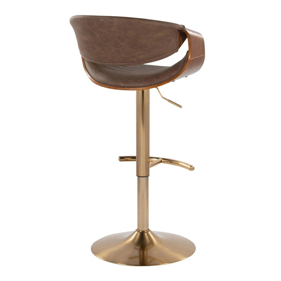 Symphony - Adjustable Barstool With Swivel - Gold Metal, Walnut Wood, And Espresso Faux Leather With Rounded T Footrest (Set of 2)