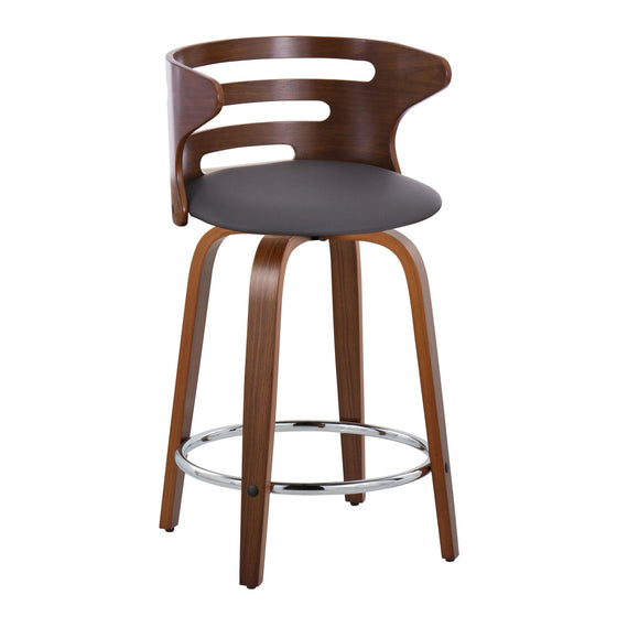 Cosini - 24" Fixed-Height Counter Stool With Swivel And Round Chrome Metal Footrest (Set of 2) - Walnut Wood And Brown Faux Leather