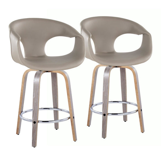 Curva - 26" Fixed-Height Counter Stool With Swivel And Round Chrome Metal Footrest (Set of 2) - Light Gray Wood And Light Gray Faux Leather