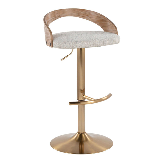 Grotto - Adjustable Barstool With Swivel And Rounded T Footrest (Set of 2) - Gold Metal, White Washed Wood, And Oat Fabric