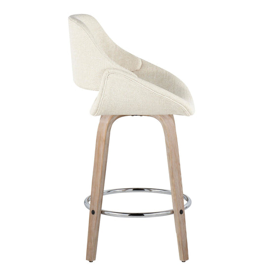 Fabrico - 26" Fixed-Height Counter Stool With Swivel And Round Chrome Metal Footrest (Set of 2) - White Washed Wood And Cream Noise Fabric