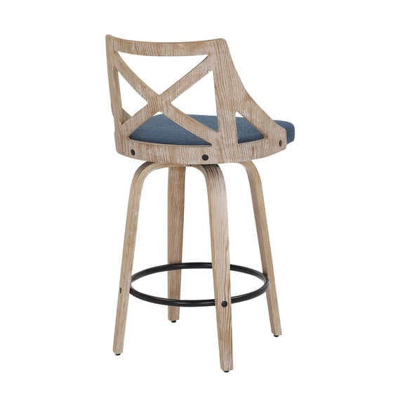 Charlotte - Farmhouse Counter Stool - White Washed Wood And Blue Fabric (Set of 2)