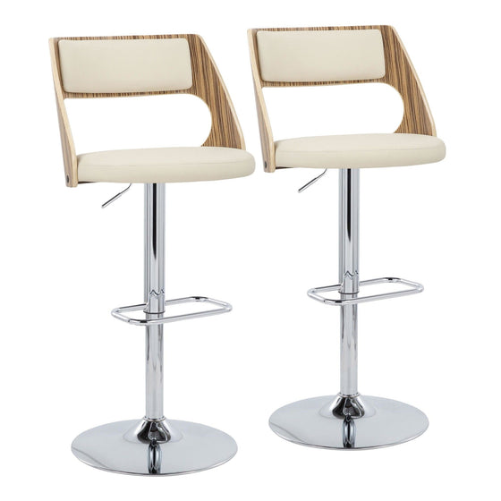 Cecina - Adjustable Barstool With Swivel And Rounded Rectangle Footrest (Set of 2) - Chrome Metal, Zebra Wood, And Cream Faux Leather